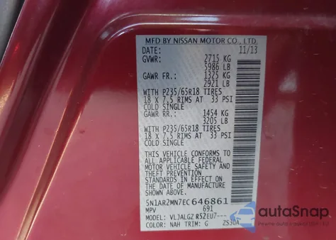 2014 Nissan Pathfinder Sl z USA, uszkodzony, nr VIN 5N1AR2MN7EC646861